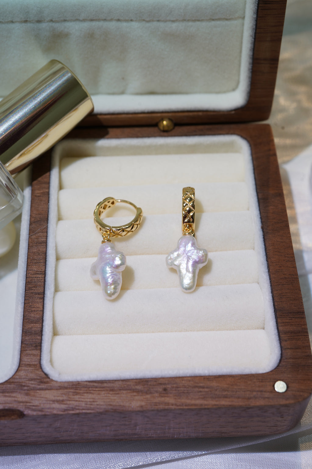 Cross Baroque Freshwater Pearl Hoop Earrings